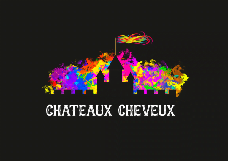 Digital Illustration Chateaux Cheveux Digital Illustration And Logo Design, Neon Flames Resembling Hair Behind A Dark Silhouette Of A Chateaux