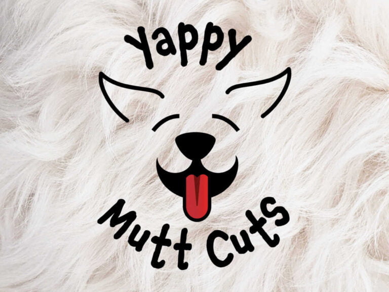 Digital Illustration Yappy Mutt Cuts Logo Design - Digital Illustration Overlaid On White Dog Fur - For A Dog Grooming And Walking Service